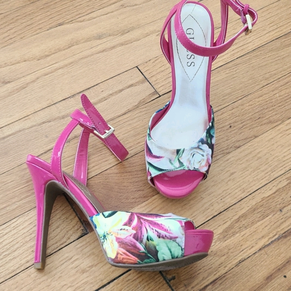 Guess pink floral heels